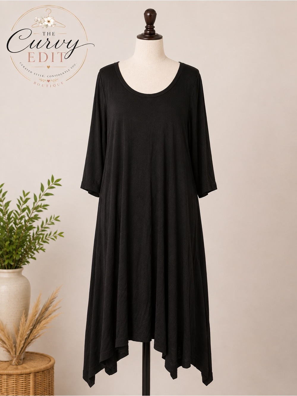 Tahari 3X Black Midi Dress Lagenlook Asymmetrical Hem Scoop Neck Quiet Luxury